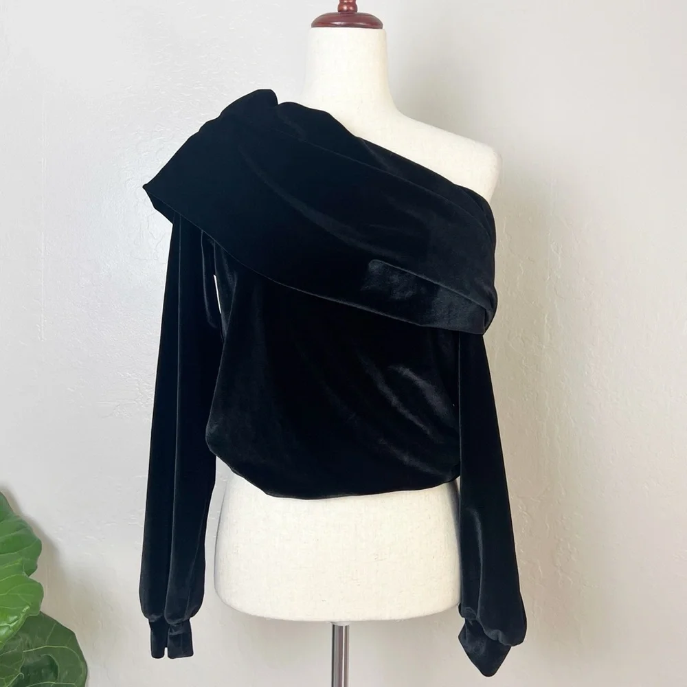 •CARBON38• Black Velvet Off-the-Shoulder‎ Drape Pullover Sweatshirt Size XS - Picture 2 of 13
